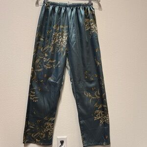 Floral Satin Drawstring Lounge Pants - Teal Green